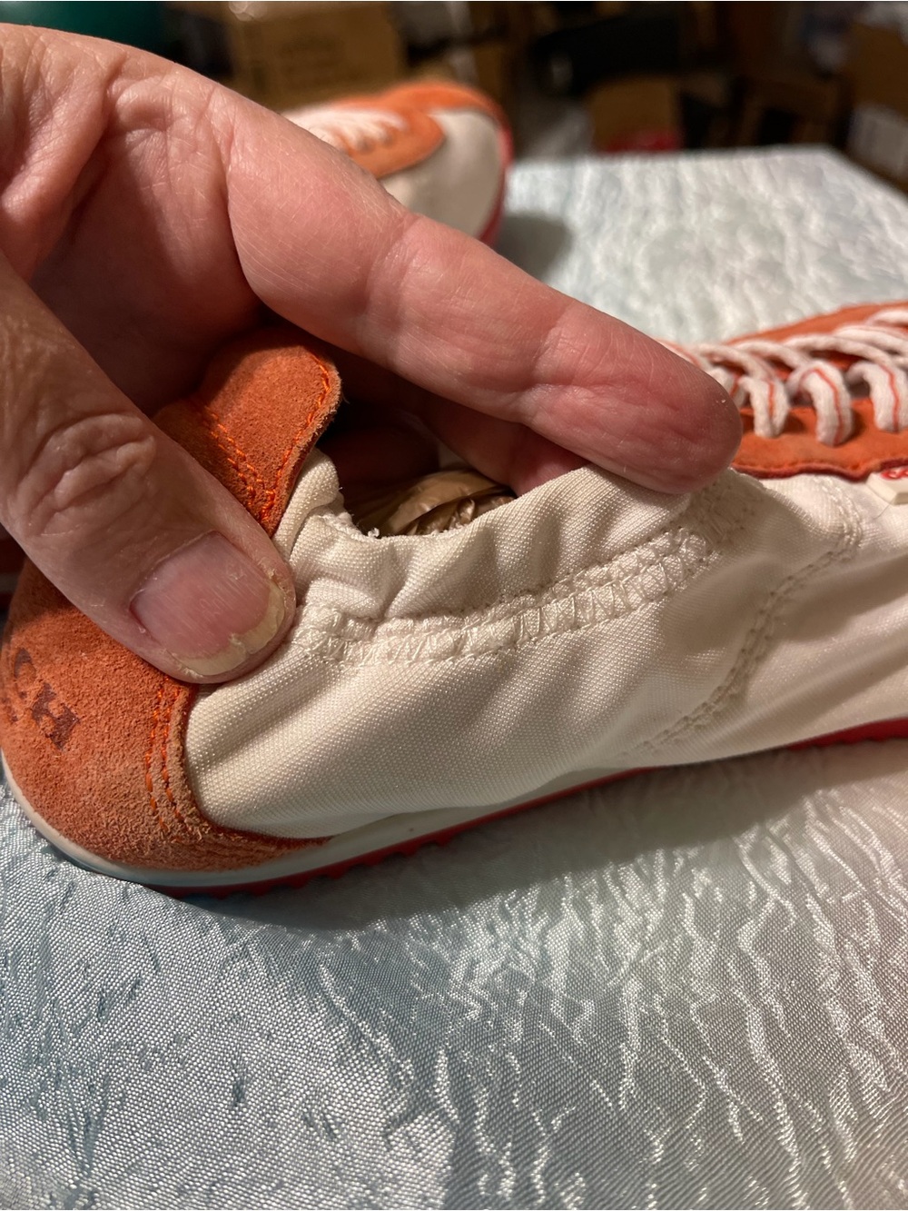 Coach White and Orange Suede Lace-Up Sneaker - Picture 7 of 8